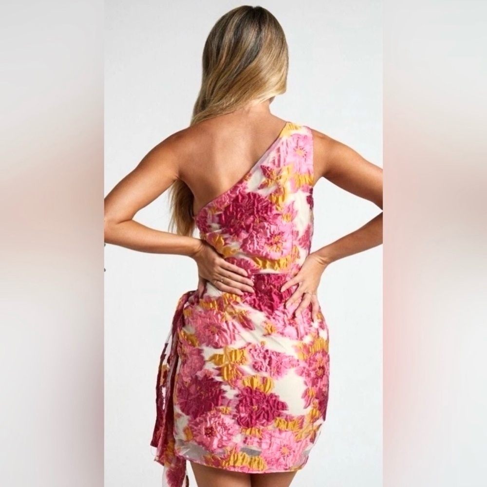 Reverse Brailey One Shoulder Pink Jacquard Wrap Mini Dress Size 10 NWT - Picture 2 of 11